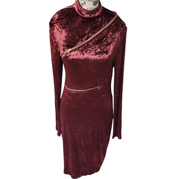 Agent Provocateur Burgundy Velvet Dress Size 14 Long Sleeve Asymmetric Zipper - Picture 3 of 16
